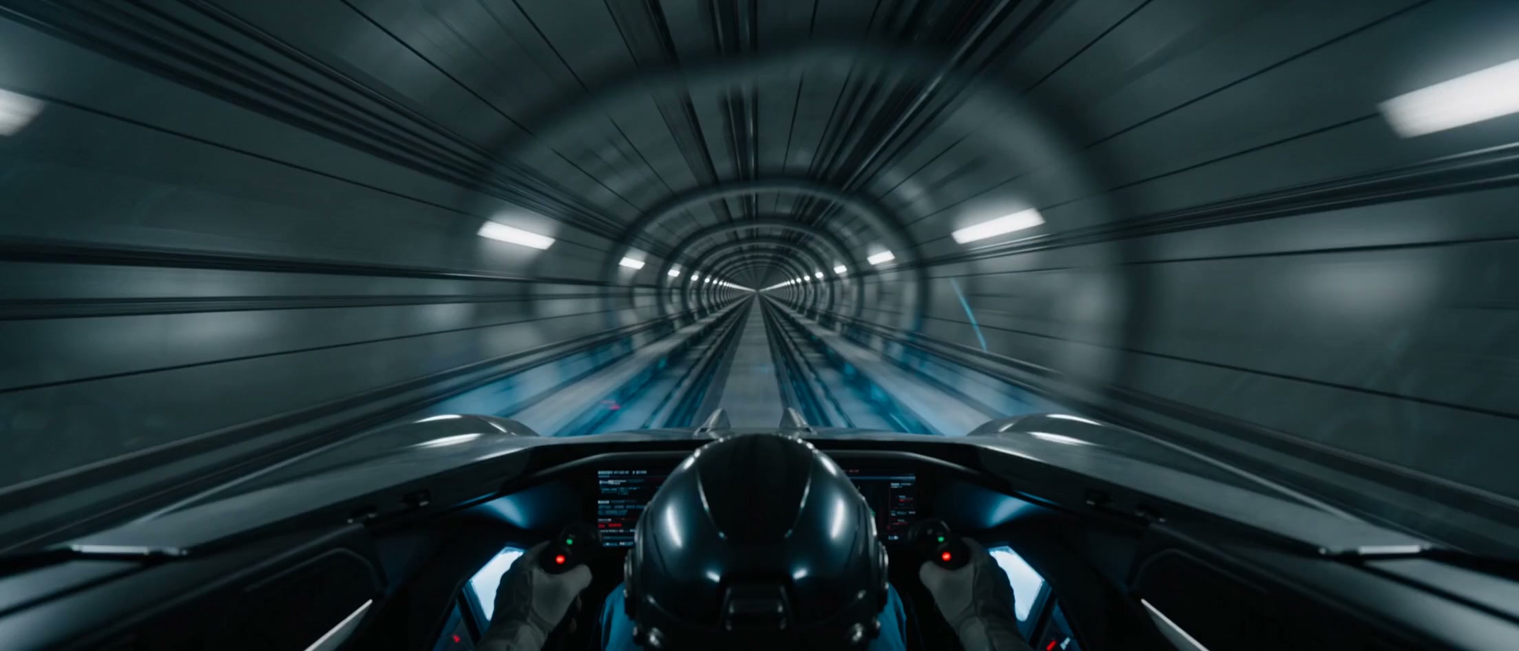 High-speed transit tunnel: a vehicle navigating through a rapidly destabilizing section while automa...