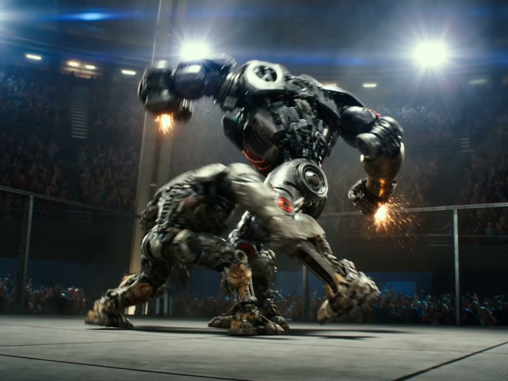 Ultra-realistic underground fight arena packed with cheering crowds. Champion combat robot wins by k...