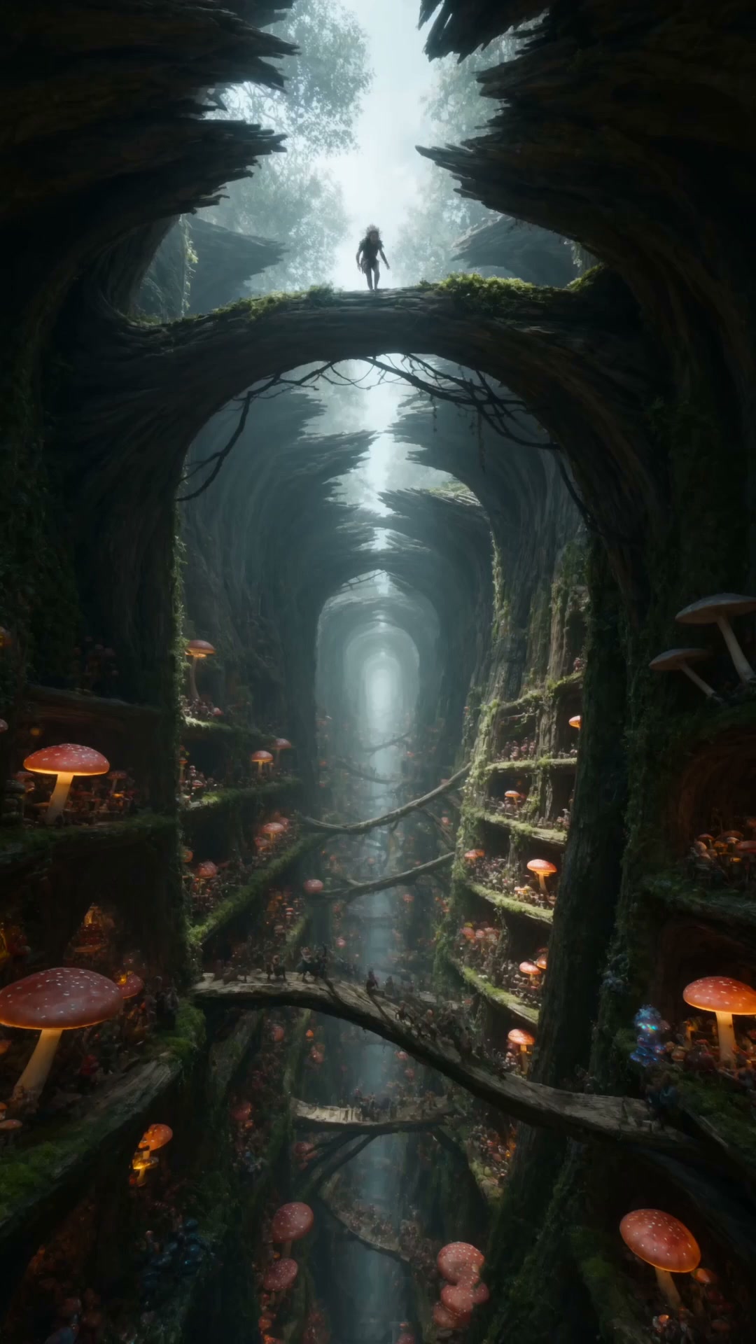 A nimble fae-ranger diving on a leaf-bladed wind-board down the colossal hollow trunk of a decaying ...