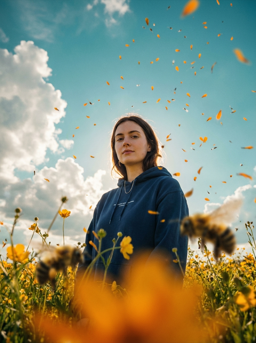 Photorealistic cinematic photo, 3:4 vertical frame, shooting from a very low point of grass/flowers ...