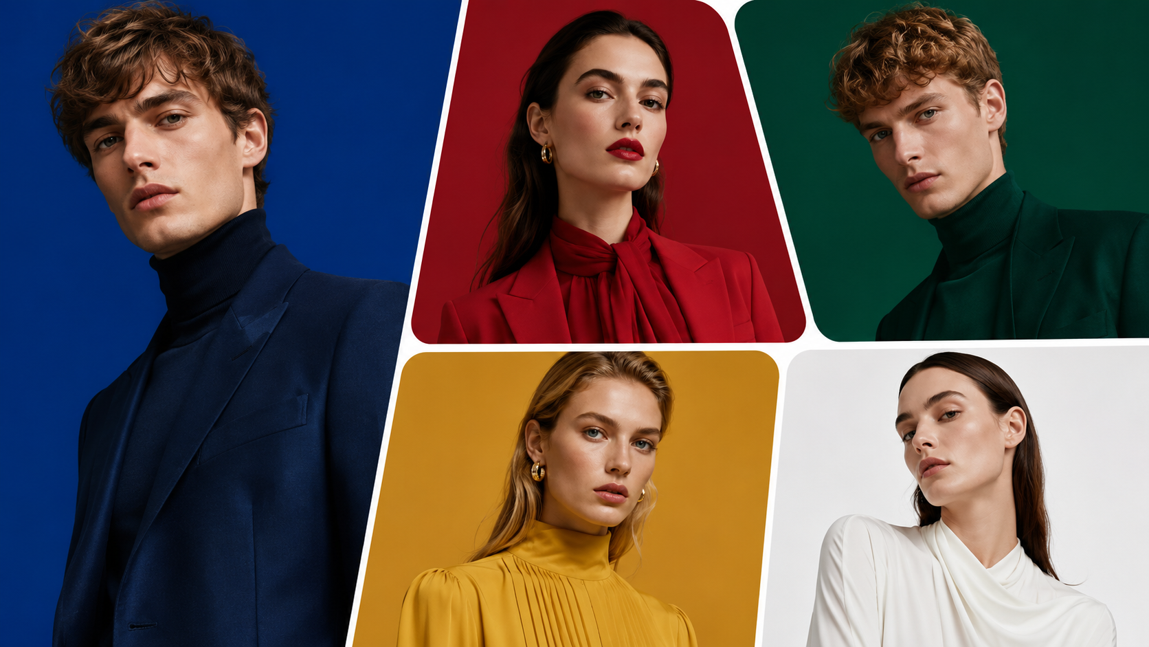 Editorial color-block portrait collage, five stylish European models, each inside separate geometric...