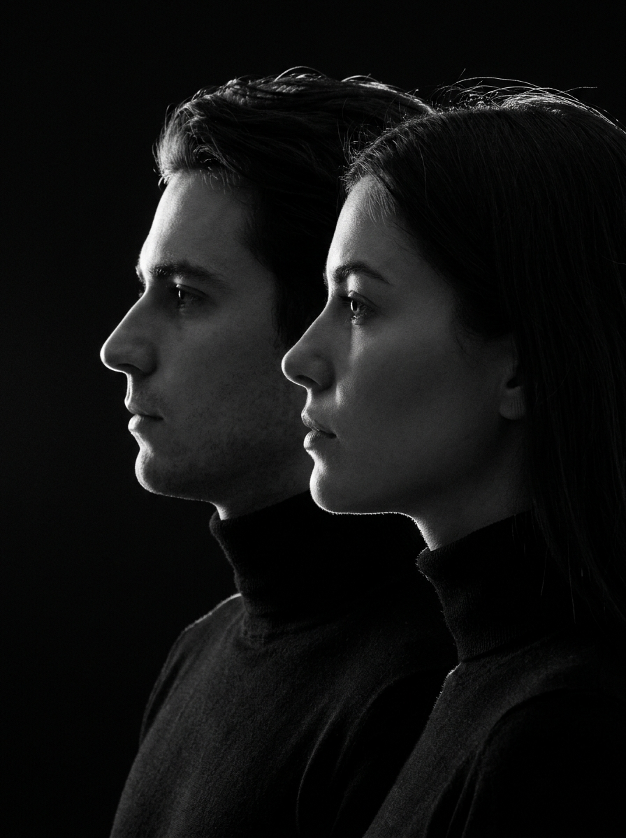 A minimalist black and white cinematic portrait featuring two individuals (male and female) in stric...