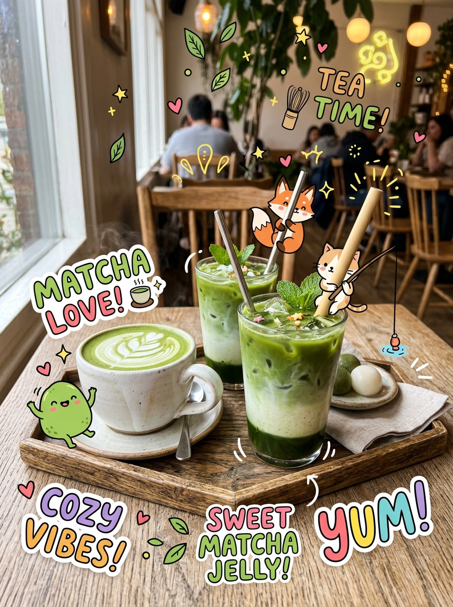 Create a vibrant, cozy café-style food photograph of three matcha drinks on a wooden tray: one hot m...