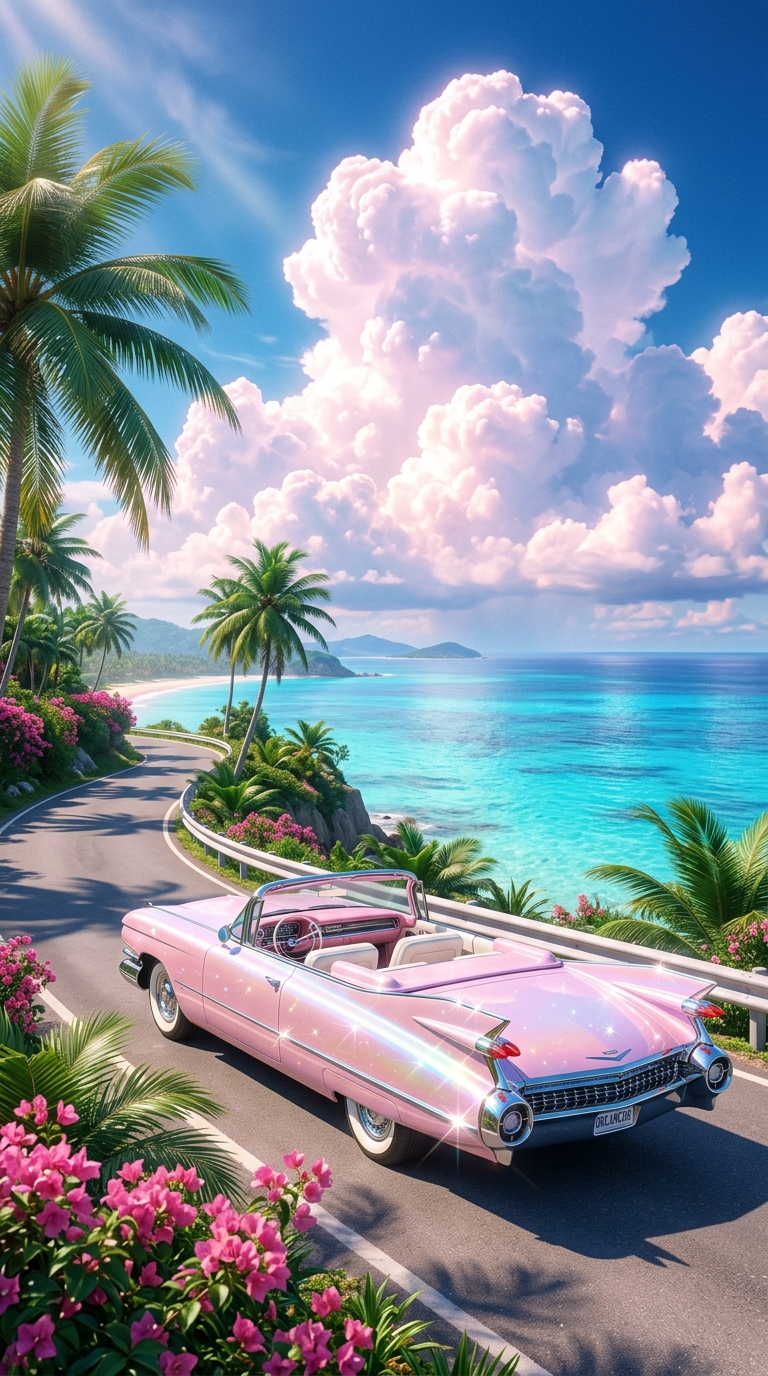 An ultra-photorealistic dreamcore paradise, a stunning pastel pink 1959 vintage luxury convertible p...