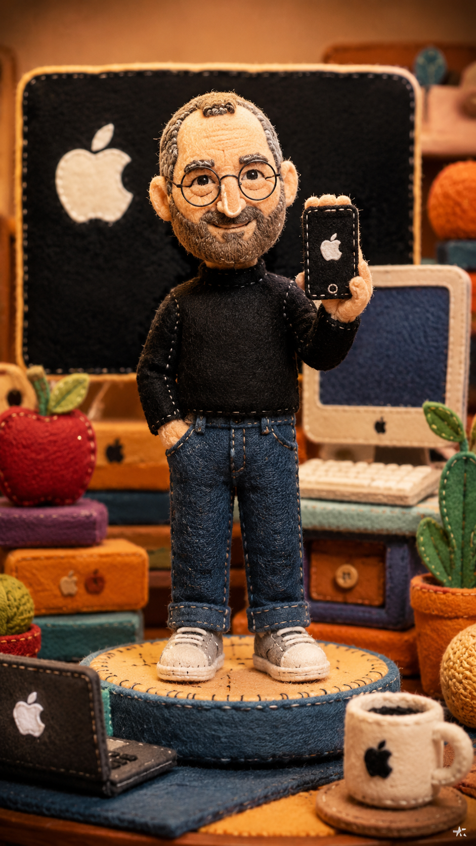A stop-motion animation style scene featuring a whimsical fabric sculpture of a Steve Rai, crafted f...