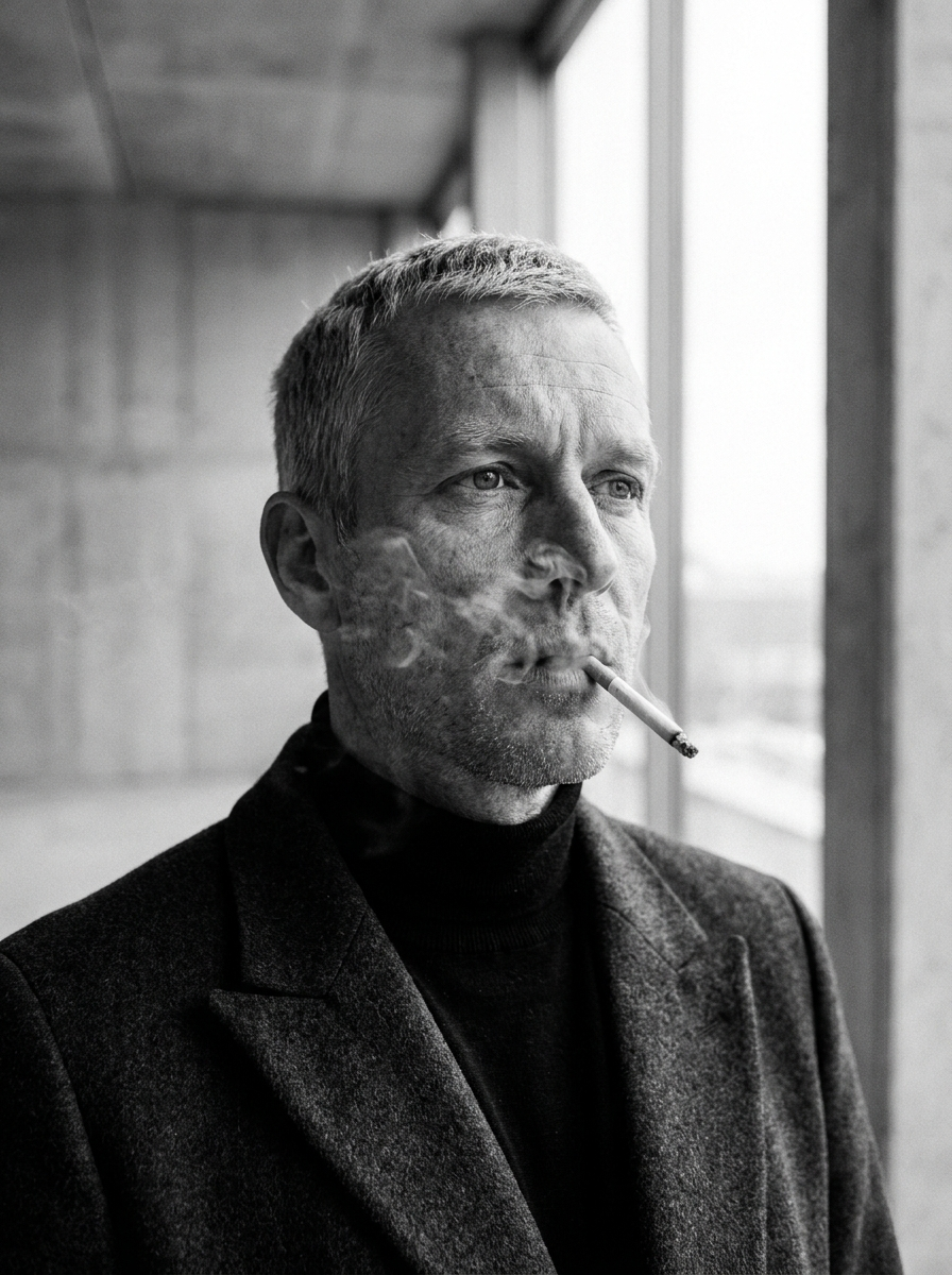 Ultra-realistic fashion black and white portrait of a man with short light hair, wearing a dark tail...