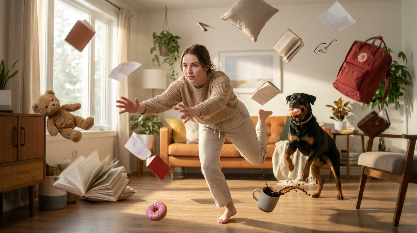 Cinematic surreal scene of a young woman falling forward through a swirling vortex of everyday objec...
