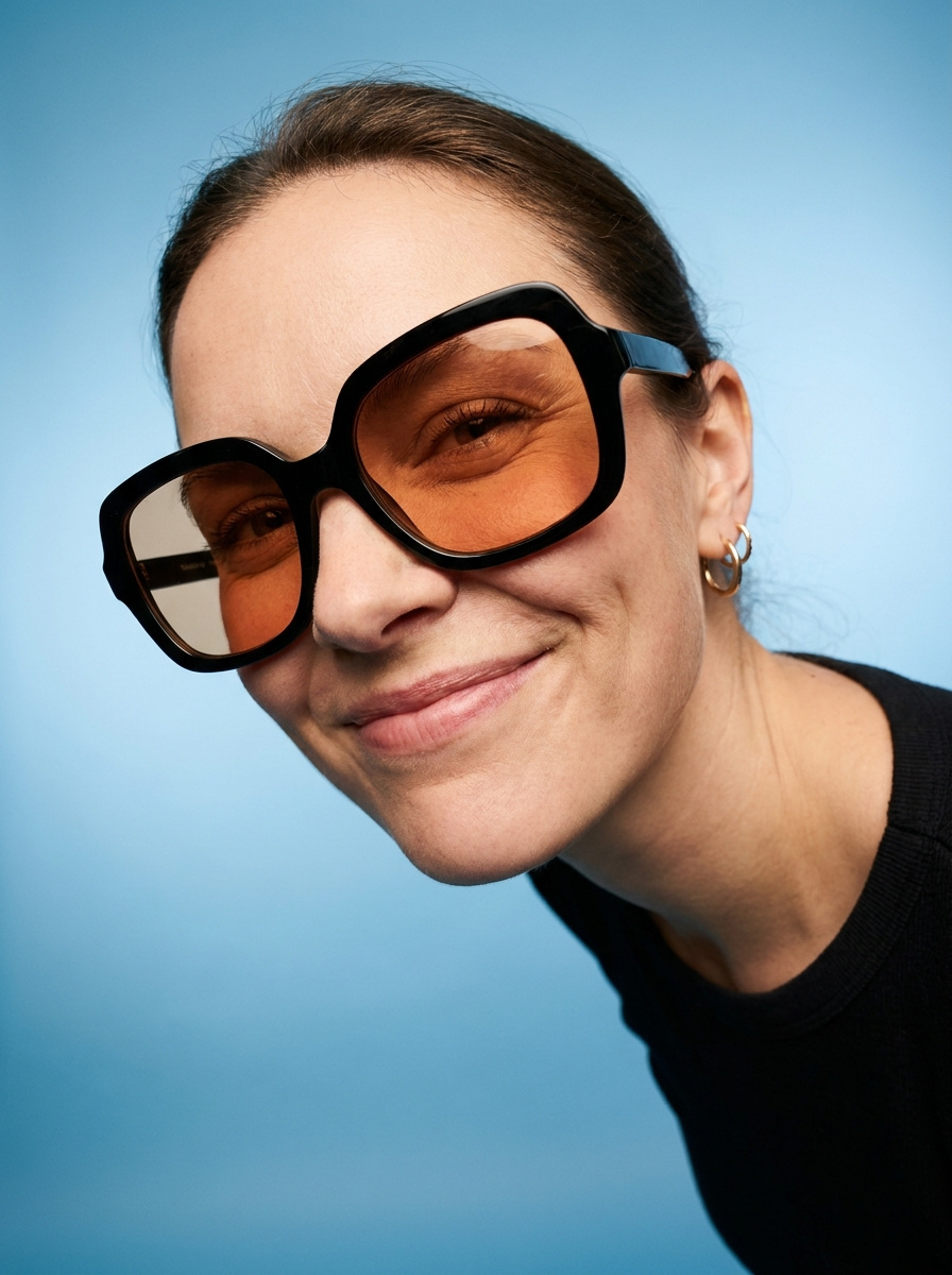 Photorealistic editorial portrait of a smiling woman using the exact same face from the reference im...