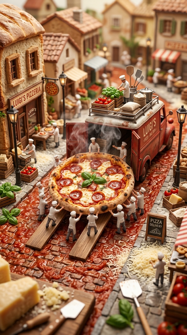 Create an ultra-realistic miniature diorama of a tiny pizza production team preparing a giant freshl...