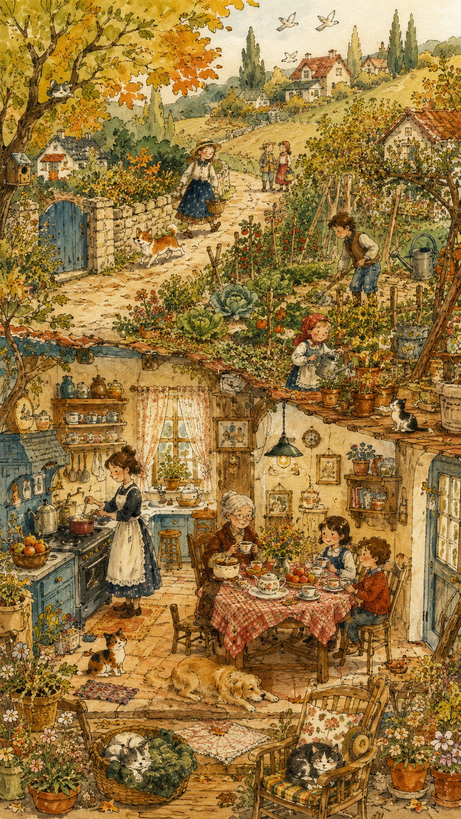 Whimsical hand-drawn watercolor and colored-pencil illustration of a peaceful everyday life scene, i...