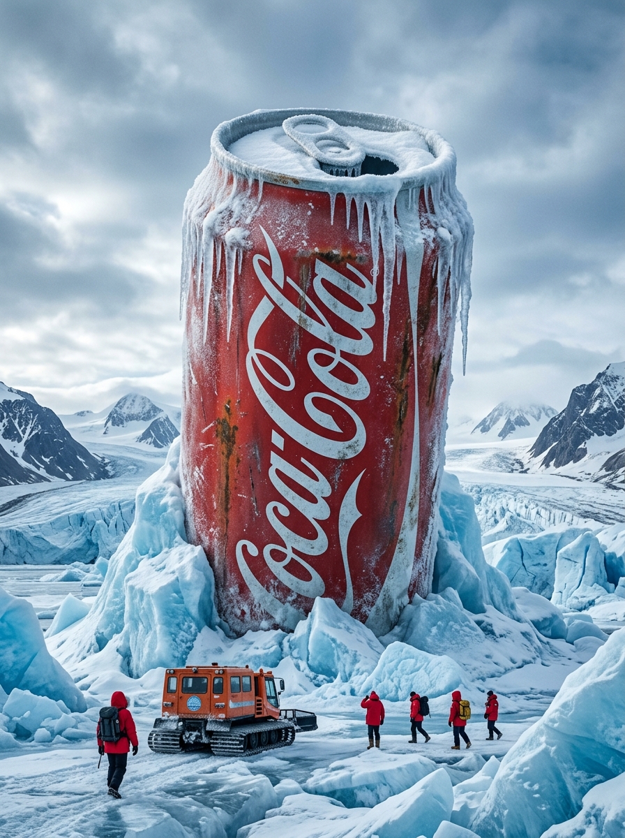 Hyper-realistic 8k cinematic photograph, low-angle wide lens. A giant Coca-Cola can standing like a ...