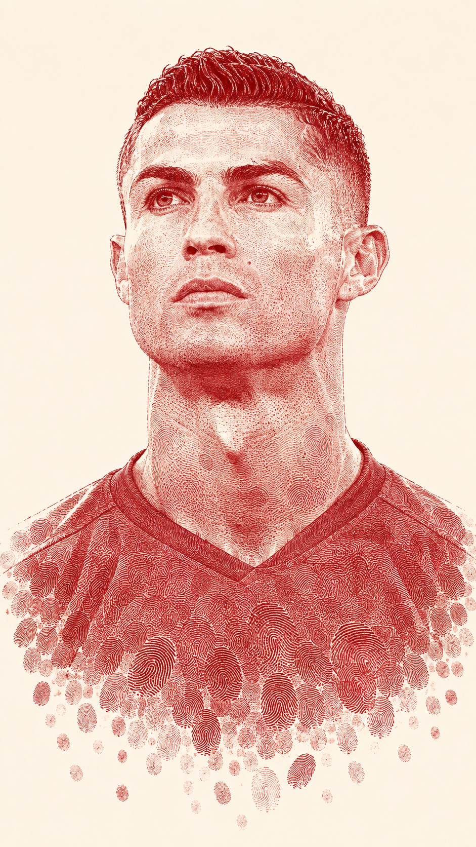 Create an ultra-detailed monochromatic red fingerprint portrait of the subject from the reference ph...